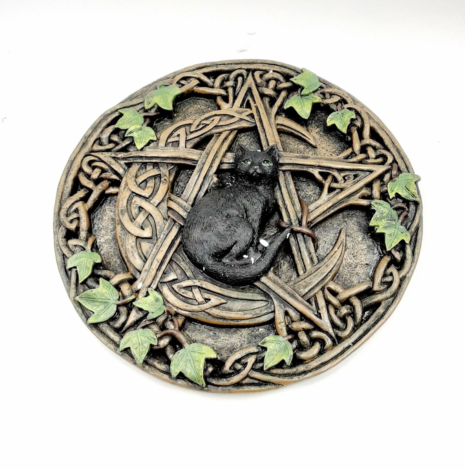 Black Cat Pentagram with Crescent Moon, Ivy & Celtic Knots Wall Plaque 7 1/2