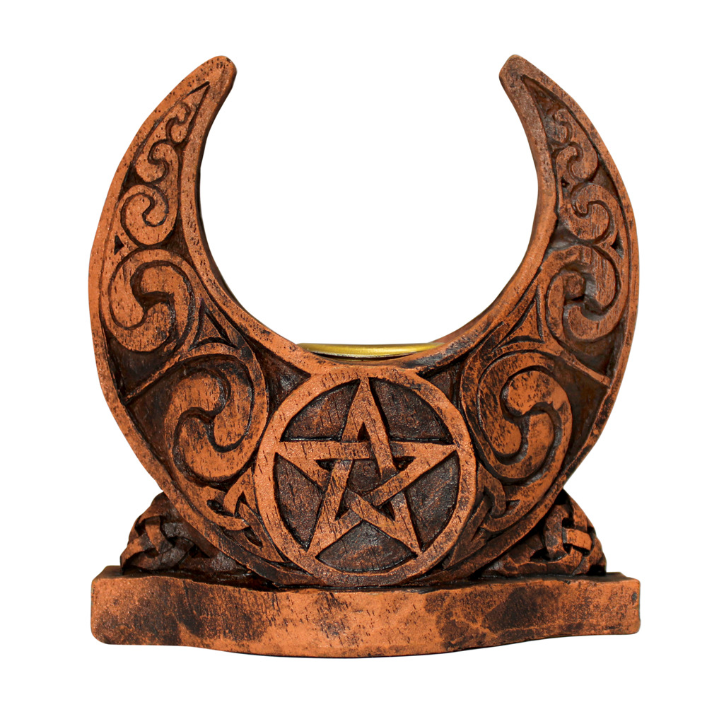 Celtic Knot Moon Pentacle Candle Holder Dryad Design Wood Finish Wicca Pentagram