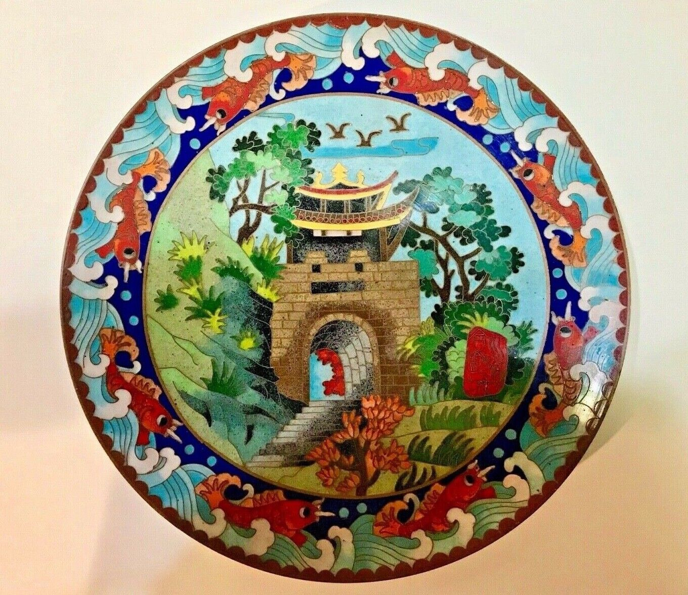 Signed Chinese Cloisonne Decorative Plate Enamel 8 1/8