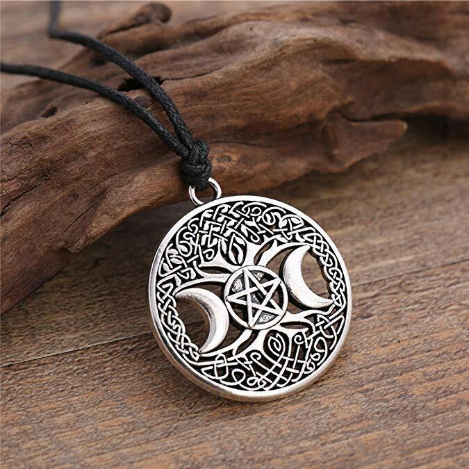 Wicca Triple Moon Goddess Pendant Necklace Celtic Knot Wiccan Pentagram Pentacle