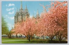 Mormon Temple Salt Lake City Utah Among Blossoming Pink Trees Postcard picture