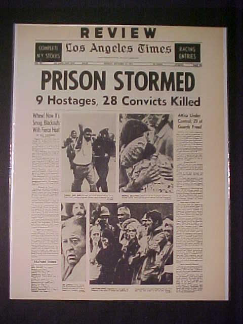 VINTAGE NEWSPAPER HEADLINE~ATTICA N.Y. RIOTS PRISON STORMED HOSTAGES KILLED 1971