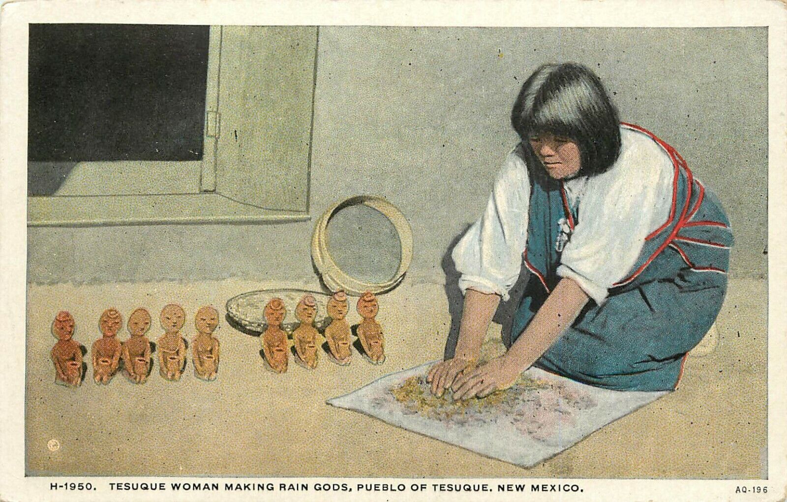 Fred Harvey Postcard; Indian  Woman making Clay Rain Gods, Tesuque Pueblo NM