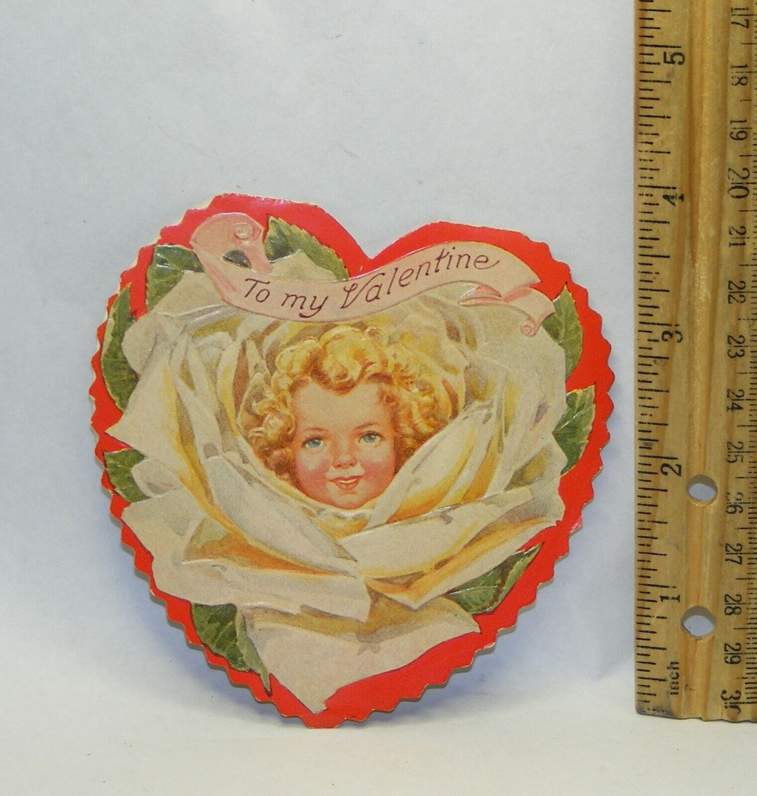 Vintage UNUSED 1930s Shirley Temple look girl with rose Valentine Day card