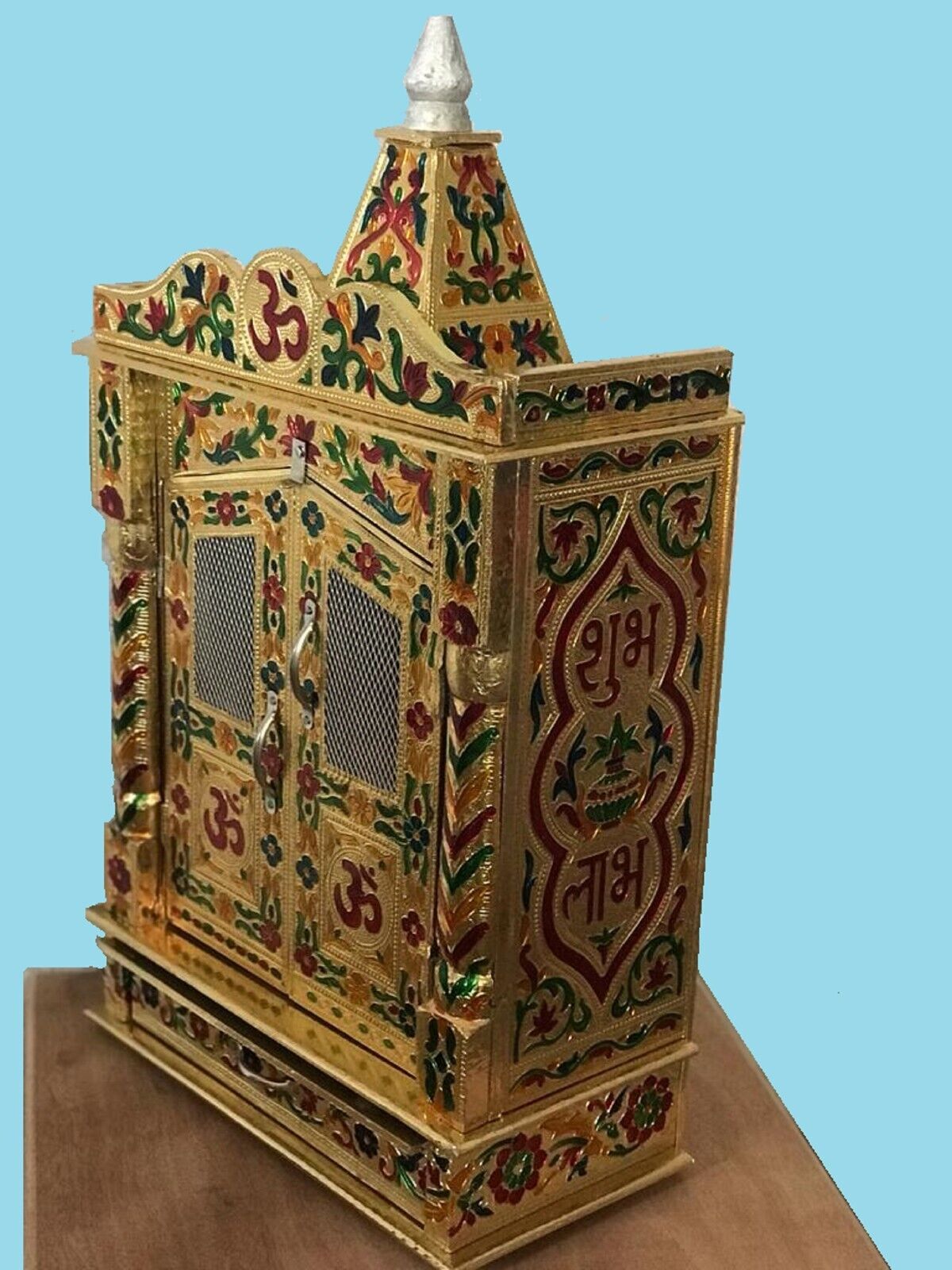 Wooden Handmade Mandir with Golden Meenakari Work Home Temple,Hindu Puja mandir