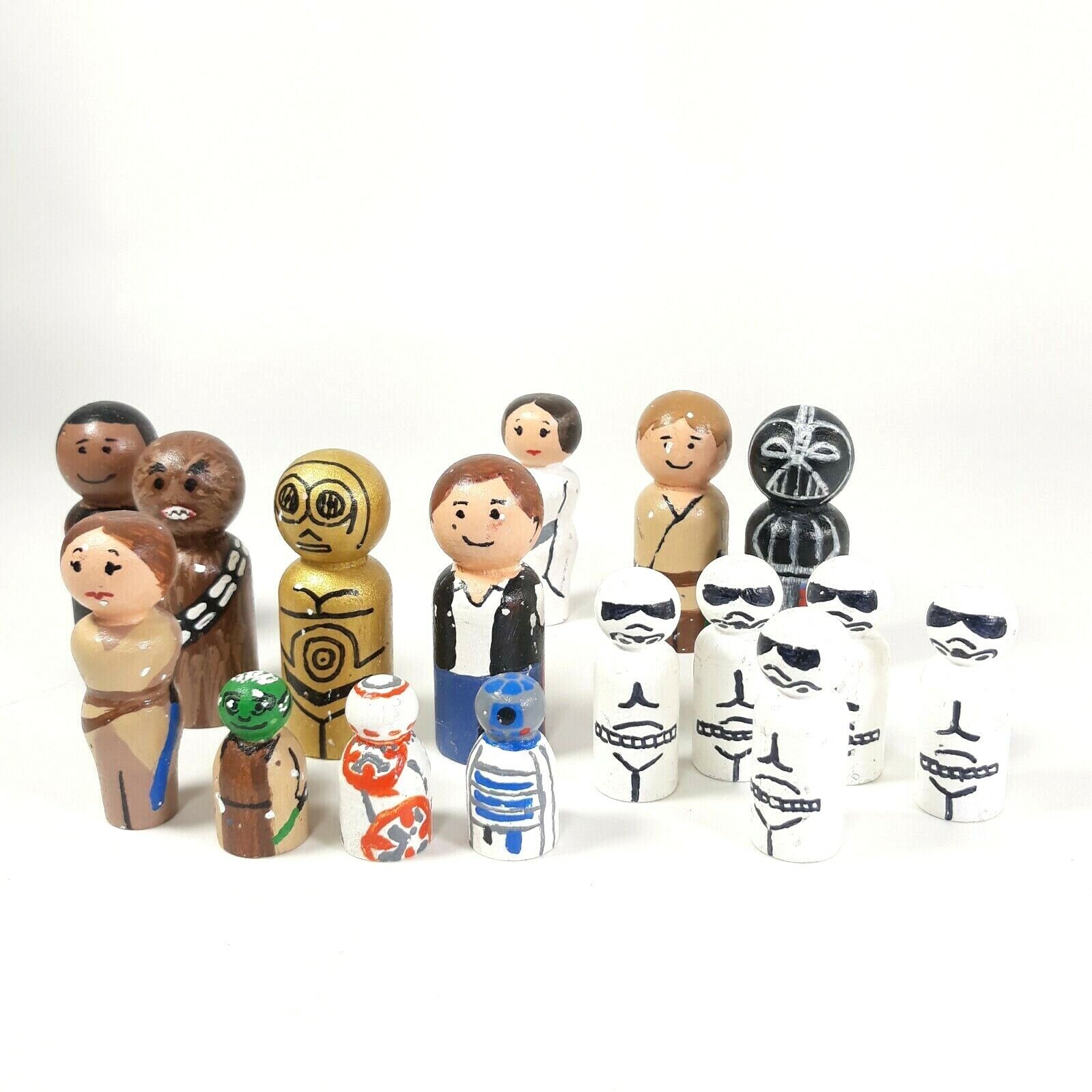 Painted Miniature Wood Peg Doll Figurines Star Wars Yoda Luke Darth Lot of 16