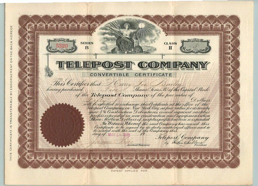 1910 Vintage TELEPOST COMPANY of MAINE Stock Certificate / TELEGRAPH