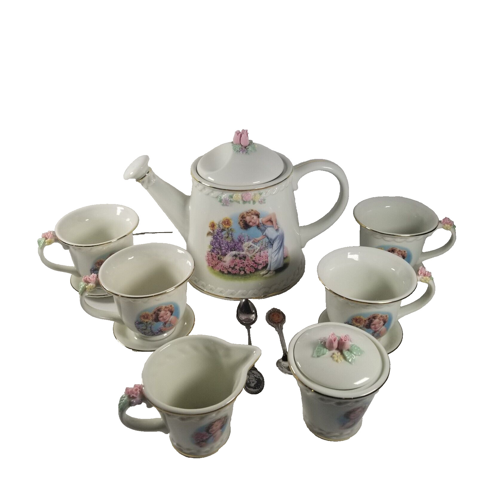Vintage 13 pc Danbury Mint Shirley Temple Tea Set Gold Trim w/cups & saucers