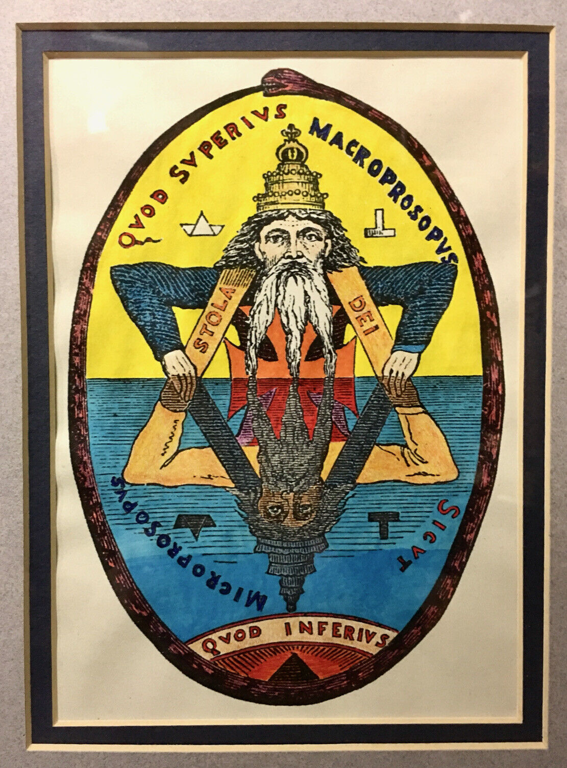 FRAMED HAND-COLORED OCCULT PRINT MACROPOSOPUS AS ABOVE SO BELOW EMERALD TABLET