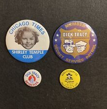 Vintage American Icons Lot (4) Pin Back Pins Dick Tracy Shirley Temple Hopalong picture