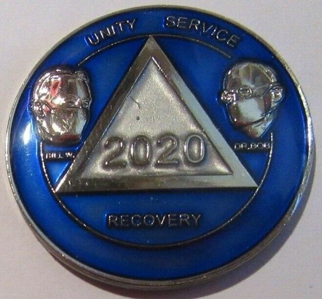 Alcoholics Anonymous Year 2020 Blue white Silver Medallion Bill Bob Masked Token