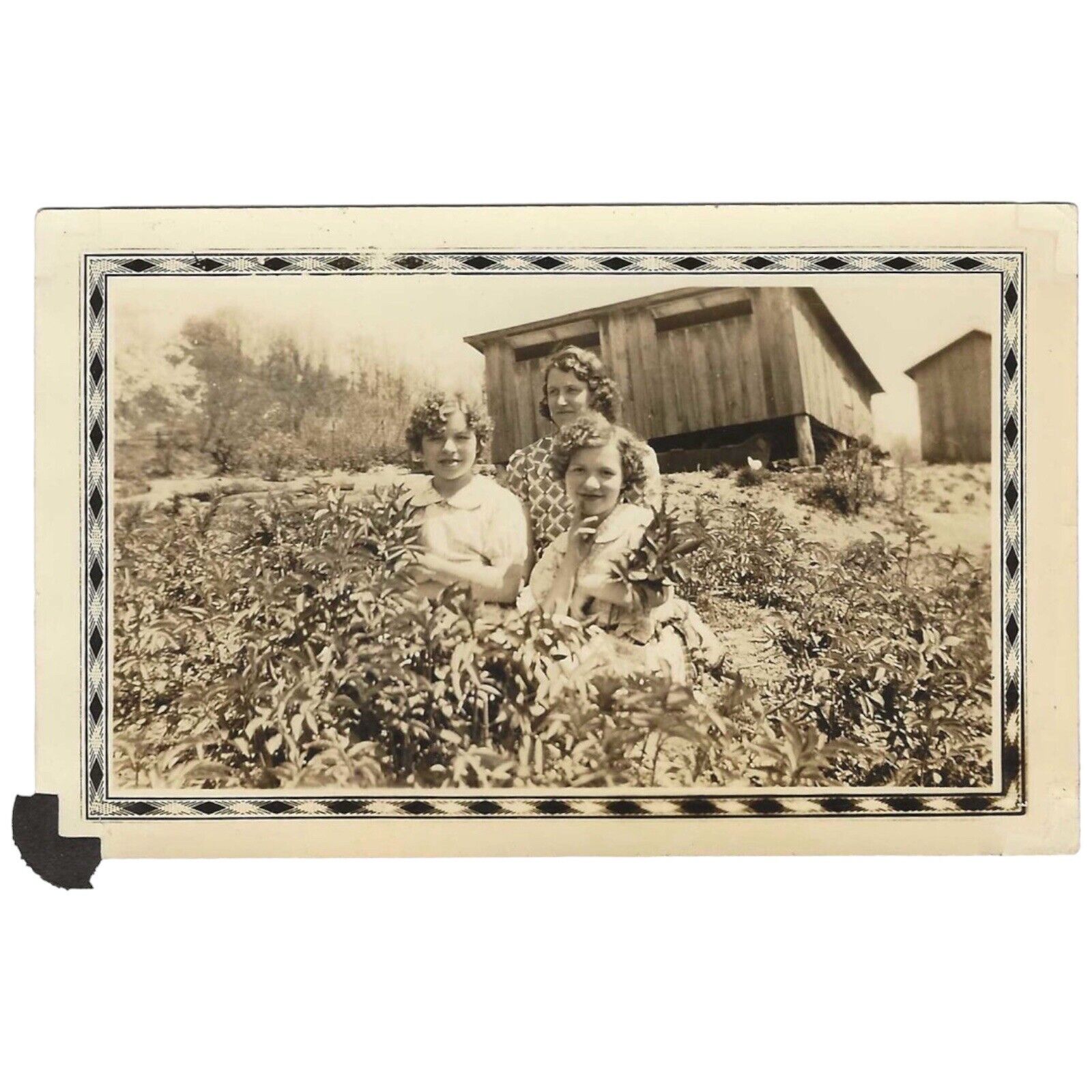 Vintage Snapshot Photo Two Sisters Shirley Temple Curls Posing In Garden