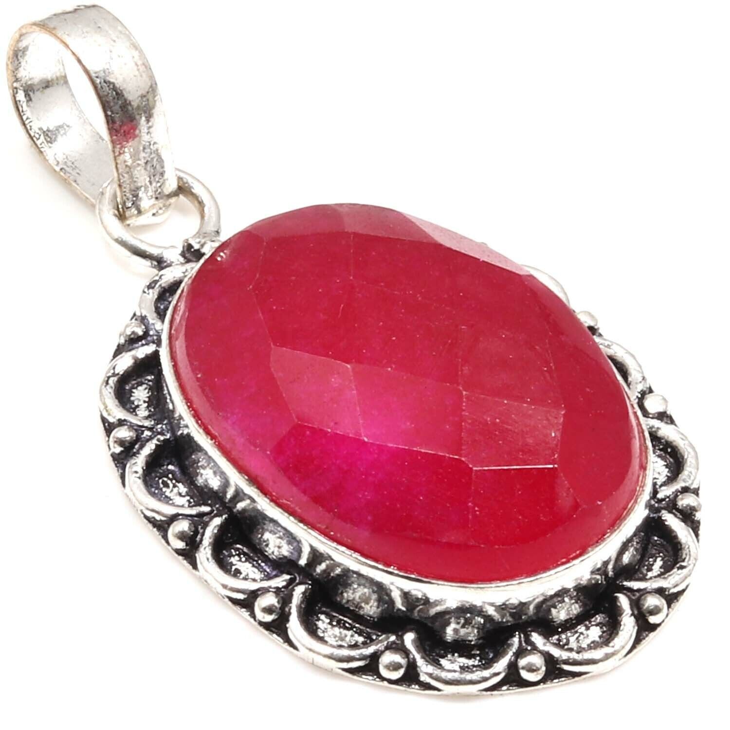 RUBY FACETED 925 SILVER PLATED GIFT JEWELLERY PENDANT 1.9\