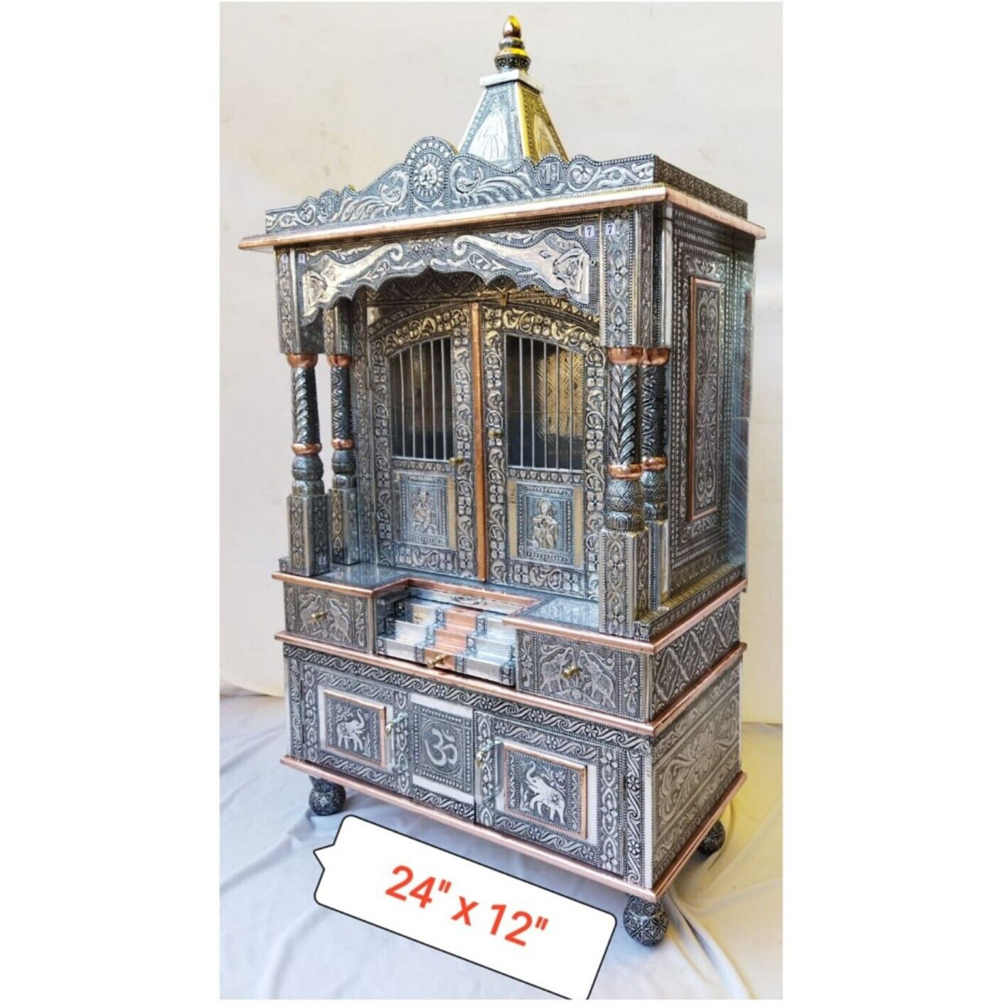 Oxidized Finish Temple Puja Mandir for Home Indian Wooden Hindu Temple with Door