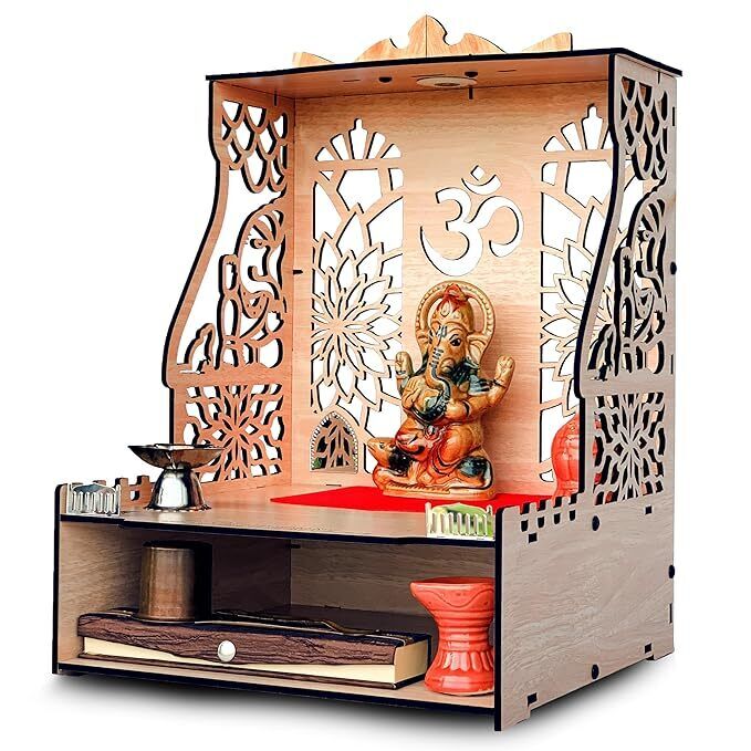Gajanan Temple Wooden MDF Pooja Mandir for Home, Office with LED Spot Light