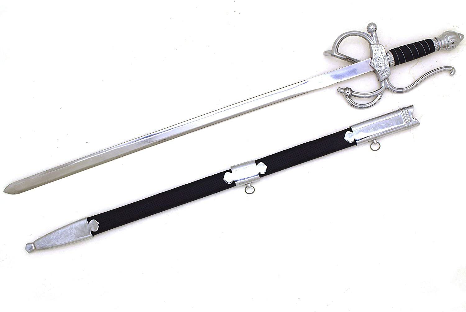 Medieval Warrior Black Handle Rapier Sword with Matching Scabbard