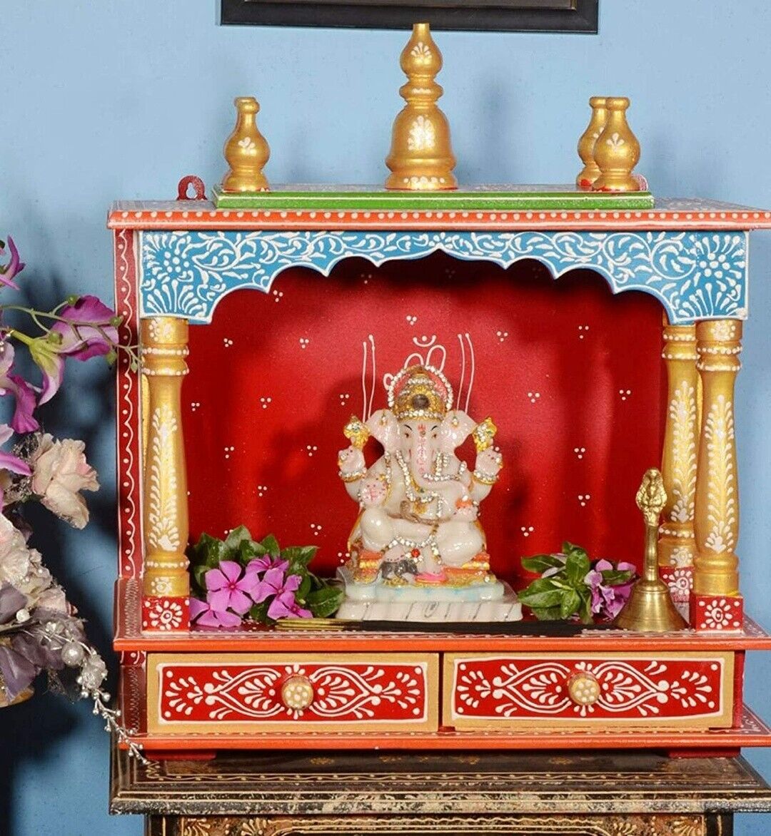 Home Mandir Hindu Pooja Mandapam Indian Wooden Red Temple Hand Painted Mandir