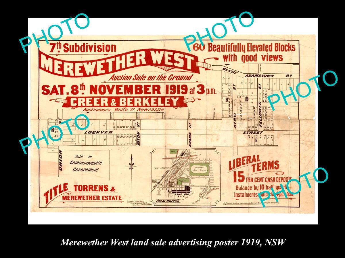 OLD LARGE HISTORICAL LAND SALE ADVERTISING POSTER MEREWETHER WEST NSW c1919