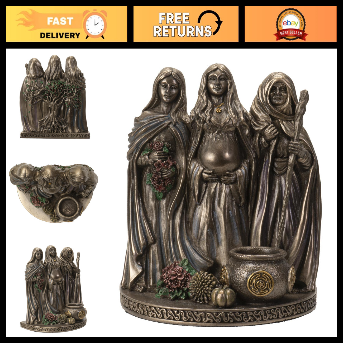 Celtic Moon Goddess Statue - Triple Sacred Mother Maiden Crone 5.75