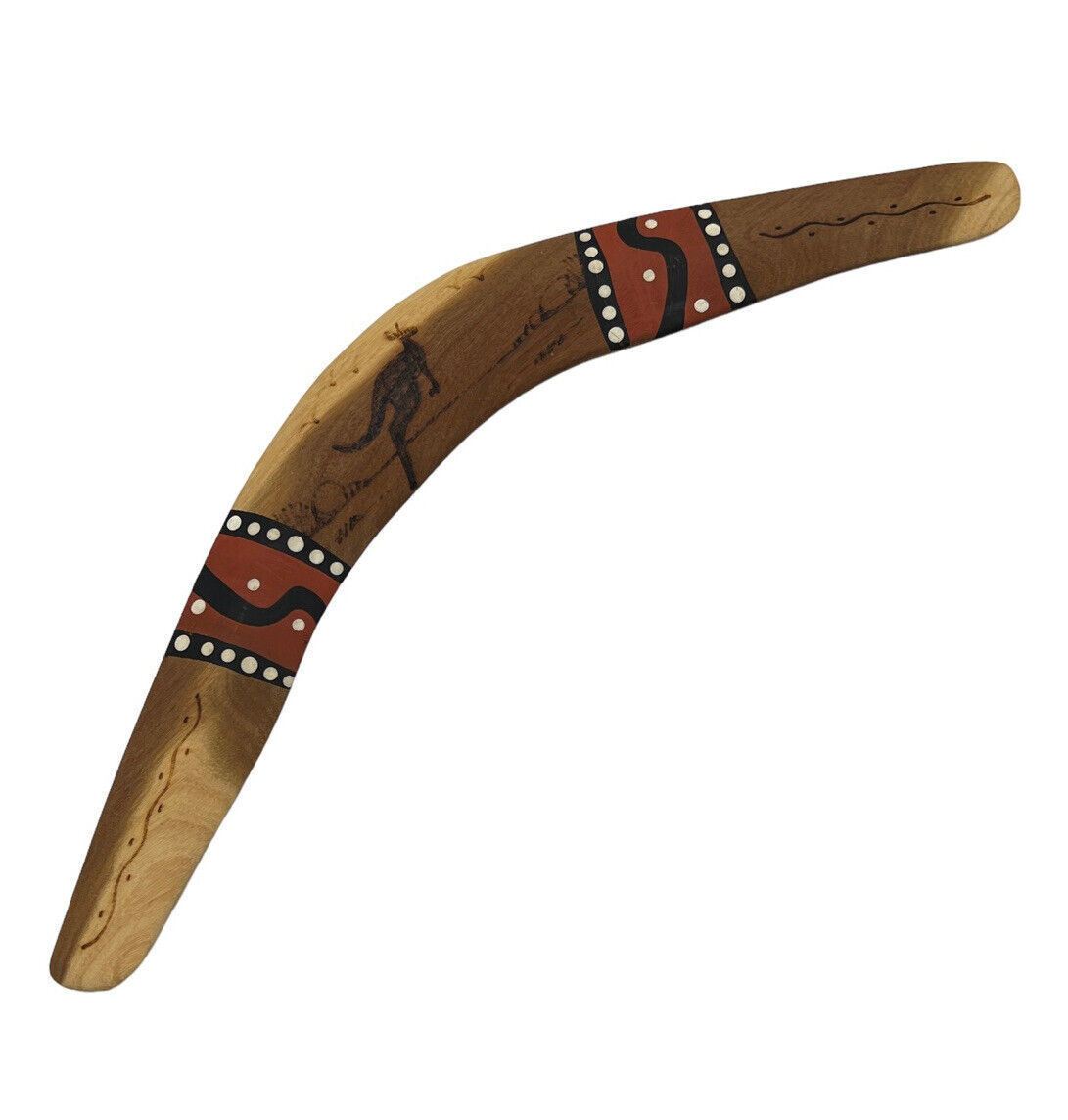 Australian Boomerang Wooden Hand Painted Lah’e Lah’e Tribe Signed 19” Kangaroo