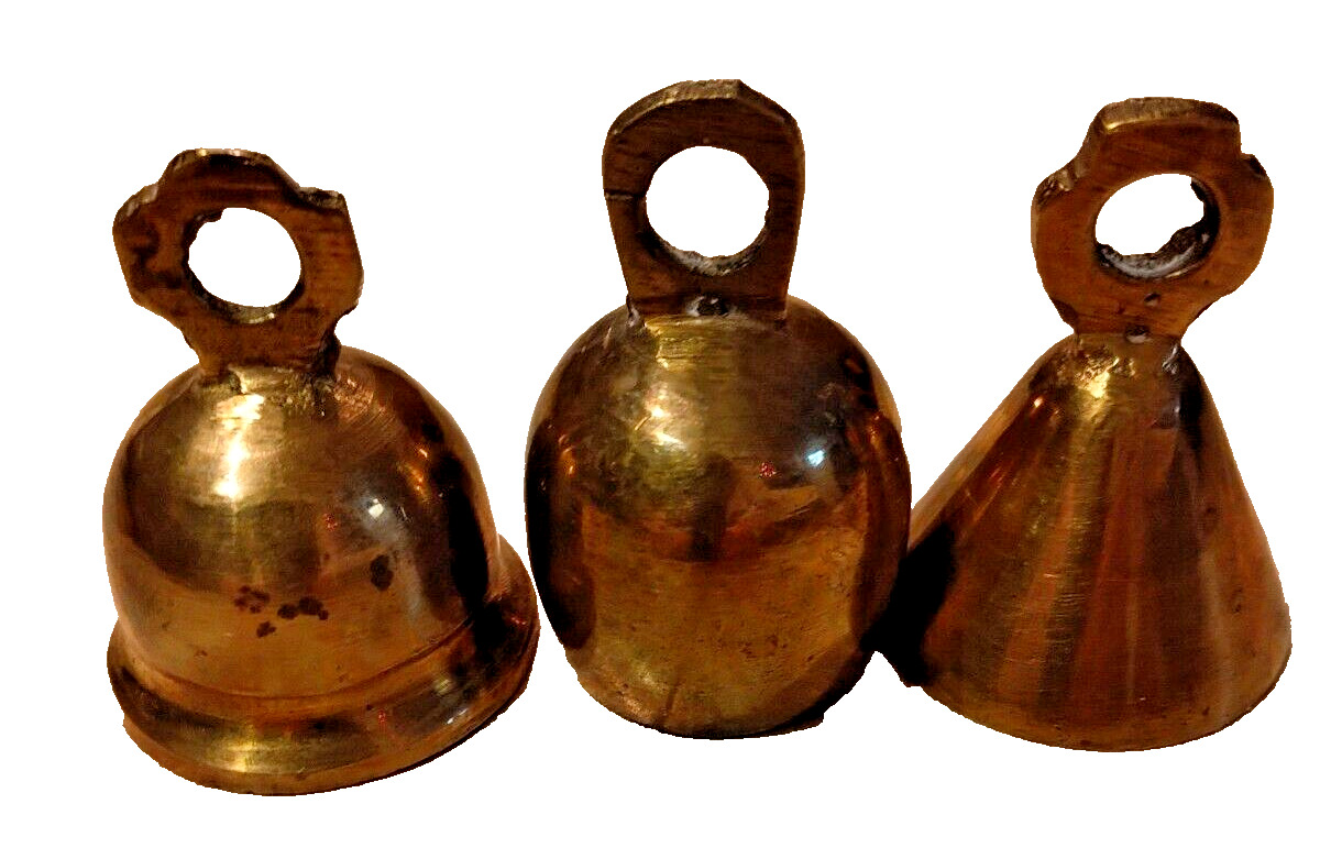 Vintage Solid Brass Patina Temple Bells Lot of 3 Plain Church Choir Bells India