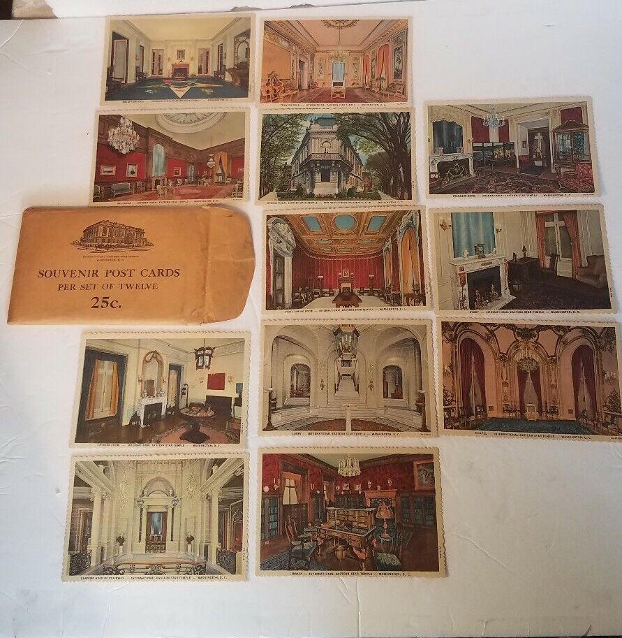 Vintage Set -12 Postcards w Envelope Int'I Eastern Star Masonic Temple Wash. DC