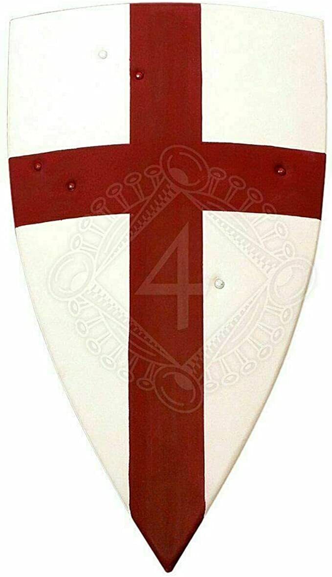 Medieval LARP Warrior Wood & Steel Kite Shield of Templar Knight Halloween White