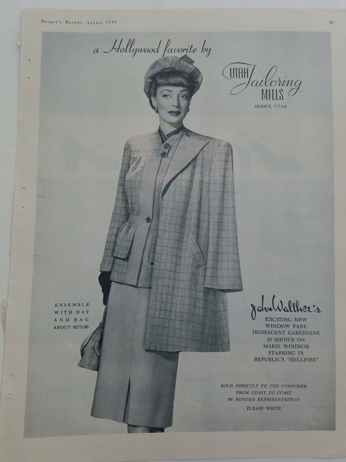 1949 Utah Tailoring Mills women's suit Marie Windsor star Republic's Hellfire ad