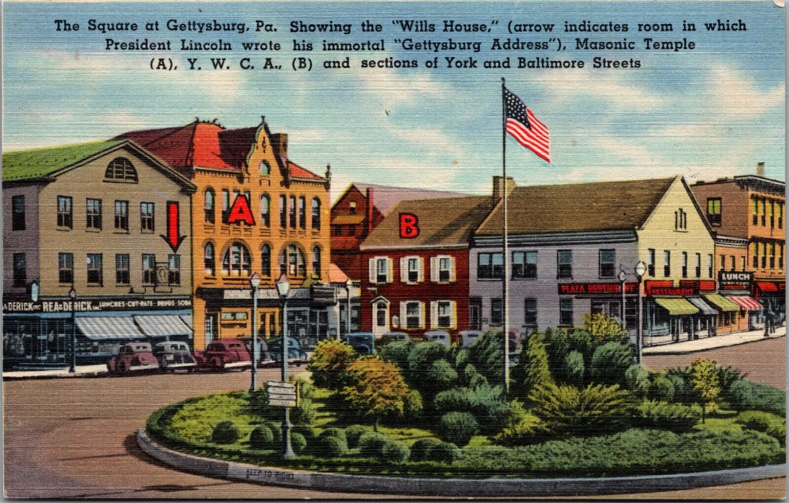 Lincoln Gettysburg Wills House Masonic Temple YWCA Signs Cars Postcard c1940\'s