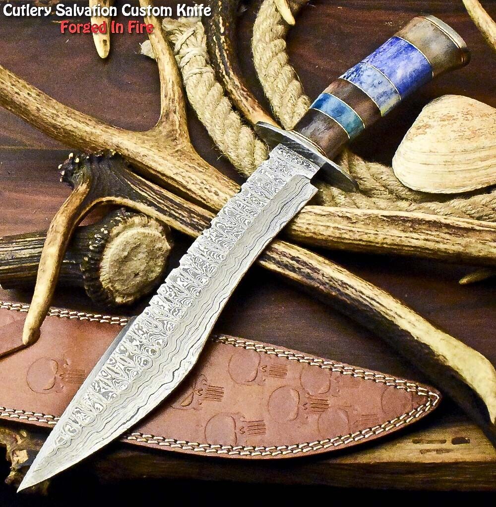 Custom Hand Made Damascus Steel Blade Bowie Hunting Knife | Camel Bone