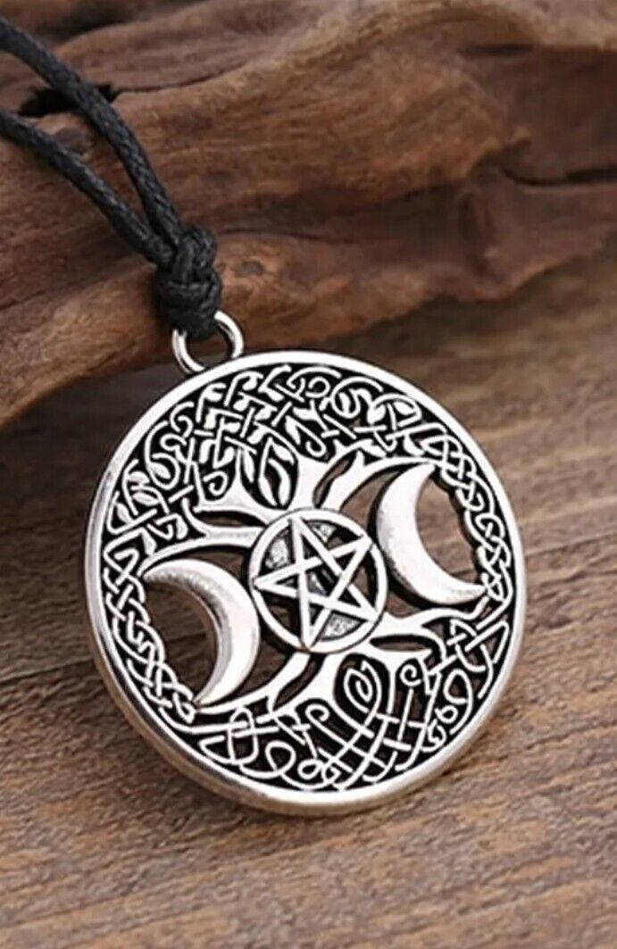 Celtic DOUBLE Crescent Moon Pentagram Pendant Wicca Pagan Amulet Luck Love PEACE