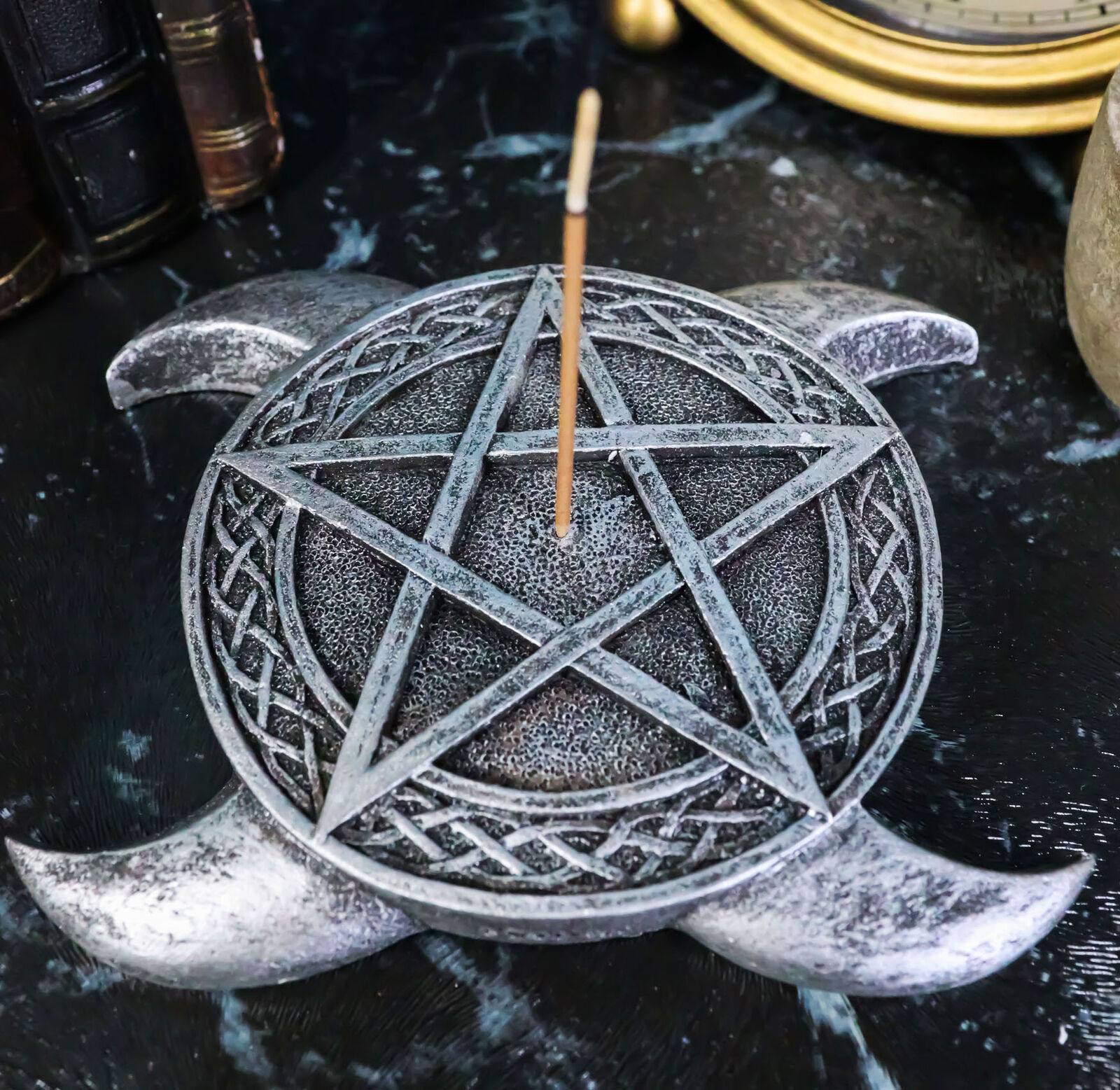 Sacred Moon Triple Goddess Pentagram With Celtic Knotwork Incense Stick Holder
