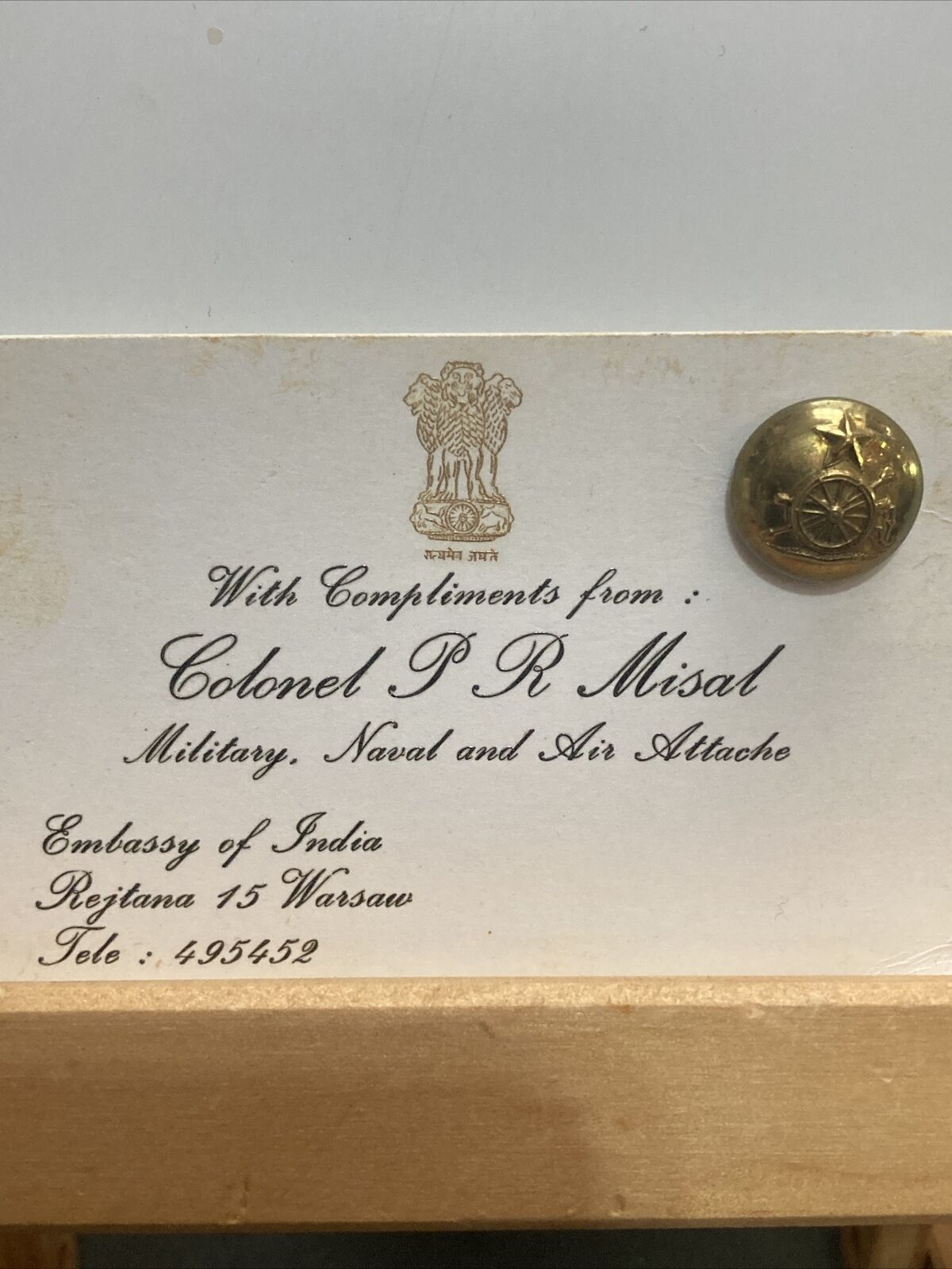 Military Pin, Colonel Misal, Military Naval Air Attaché Warsaw Embassy India R02