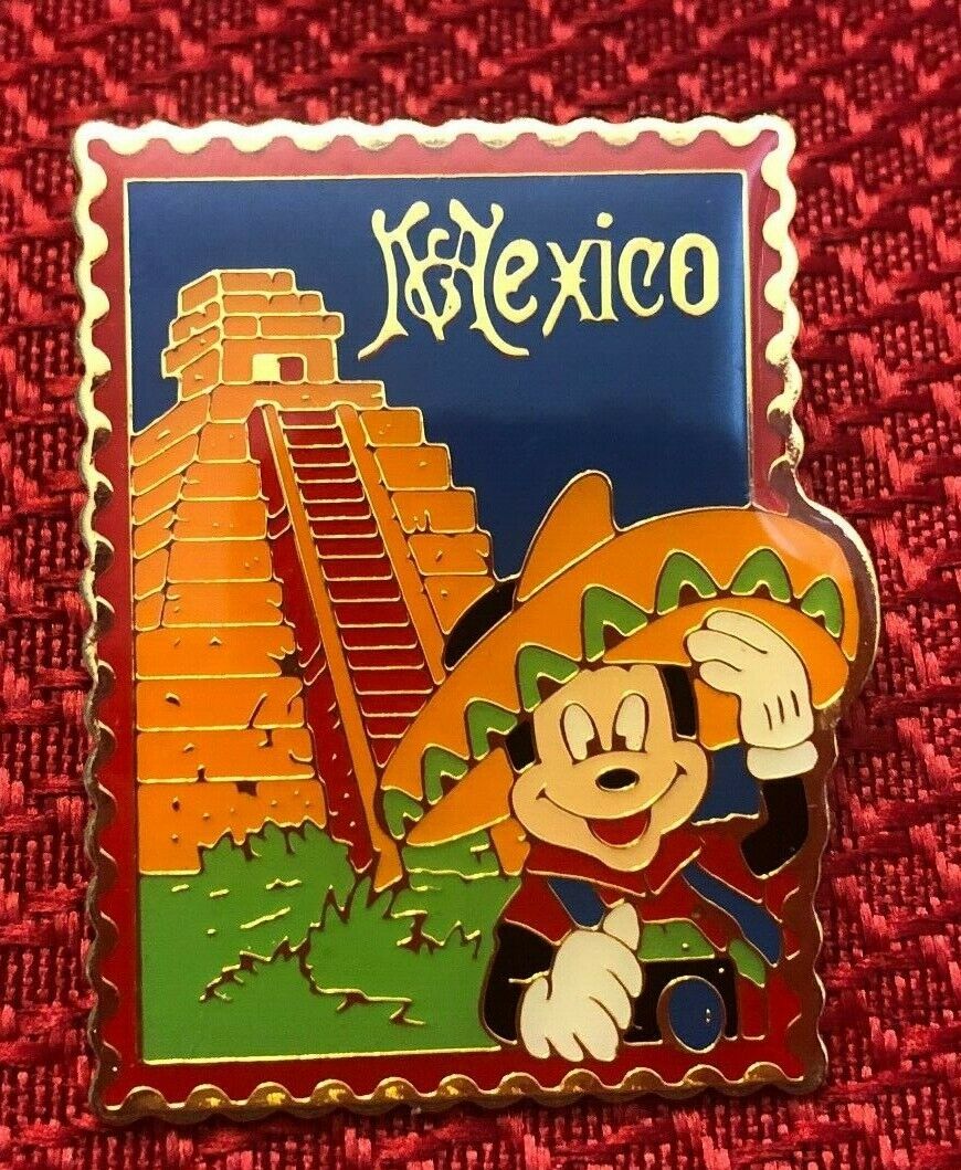 disney trading pin Mickey Mouse Mexico postage stamp sombrero mayan temple retro