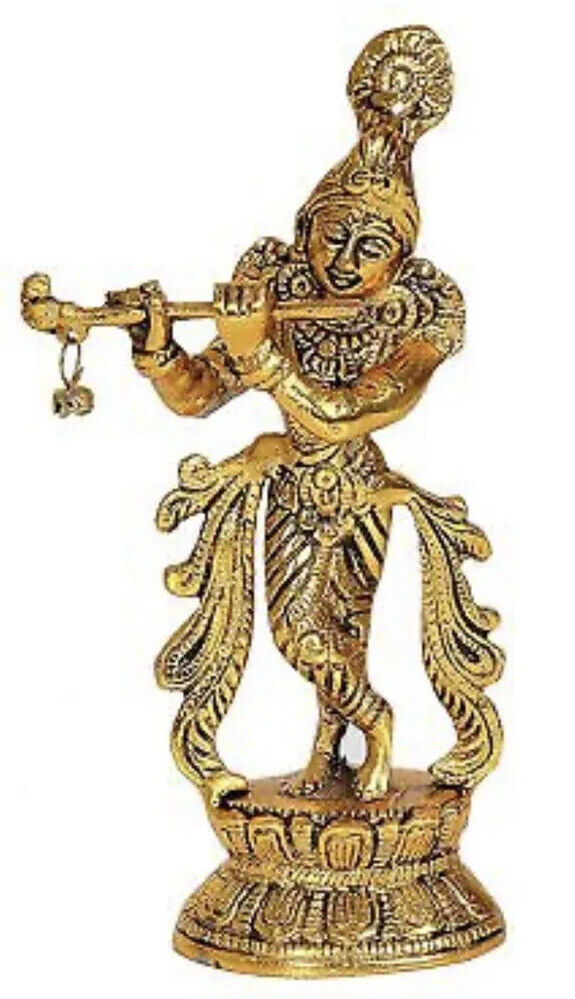 Hindu Metal Lord Krishna Playing Flute Idol Figurine Decorative Temple Décor
