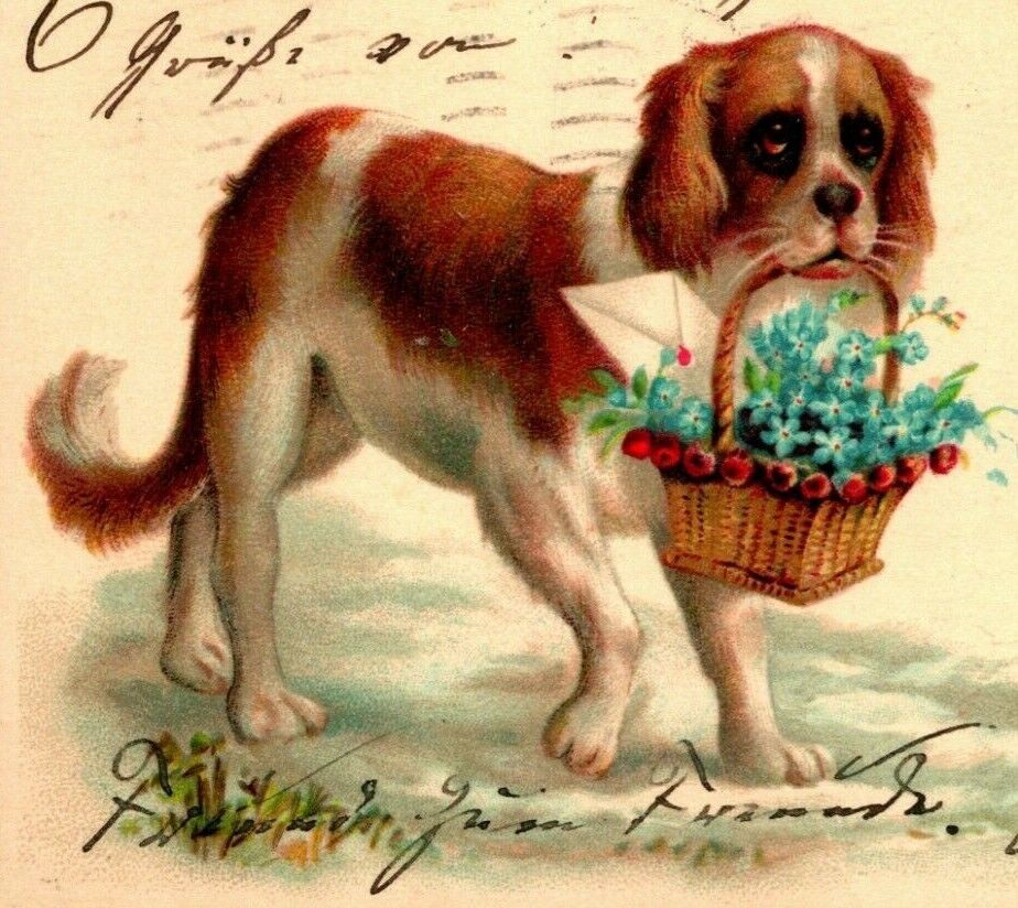 Vtg Postcard 1903 PMC - Dog Carrying Basket - Wishing You a Happy Christmas