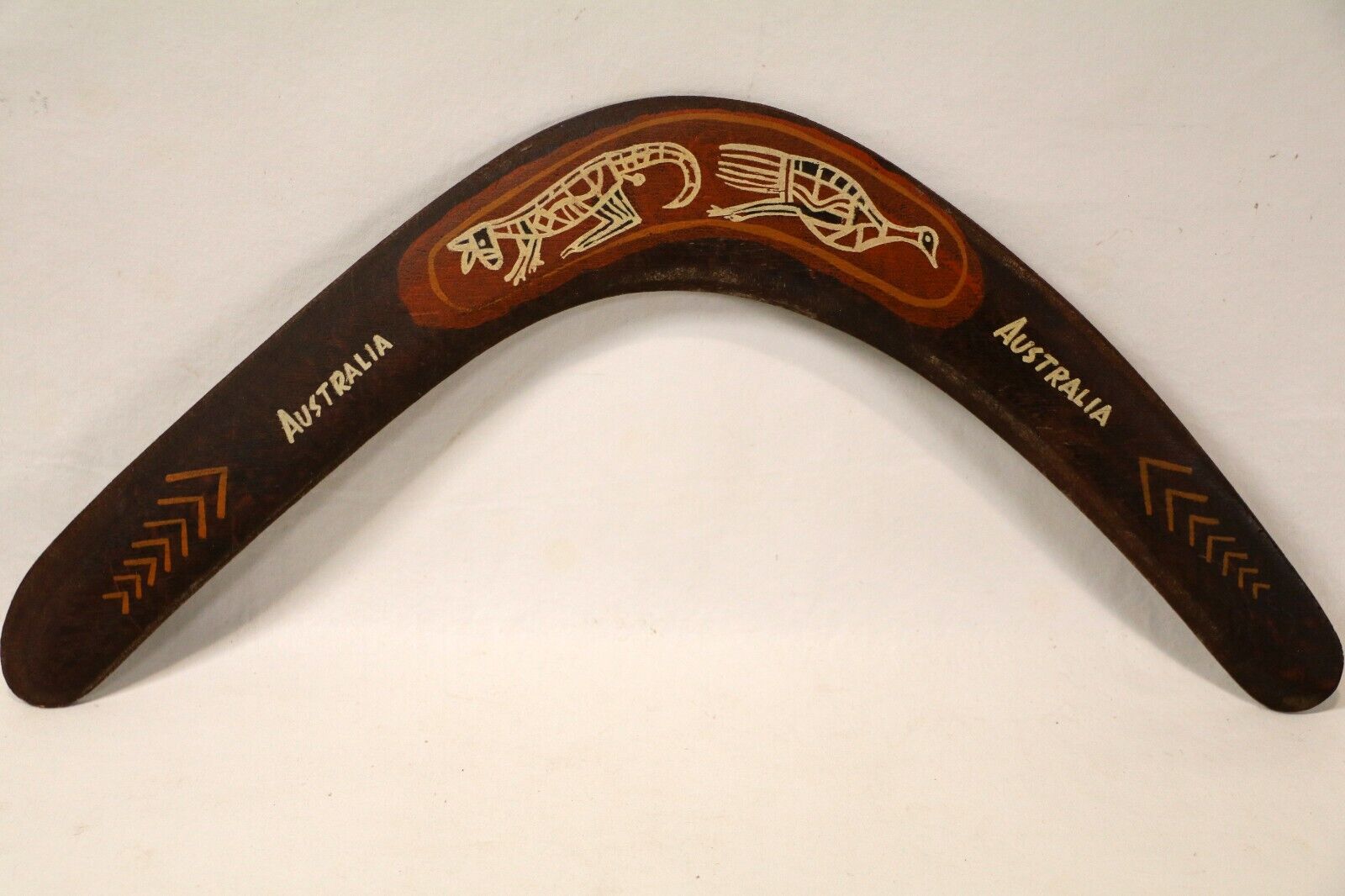 Australian Brown Wood Wooden Painted Boomerang w/ Kangaroo & Bird design