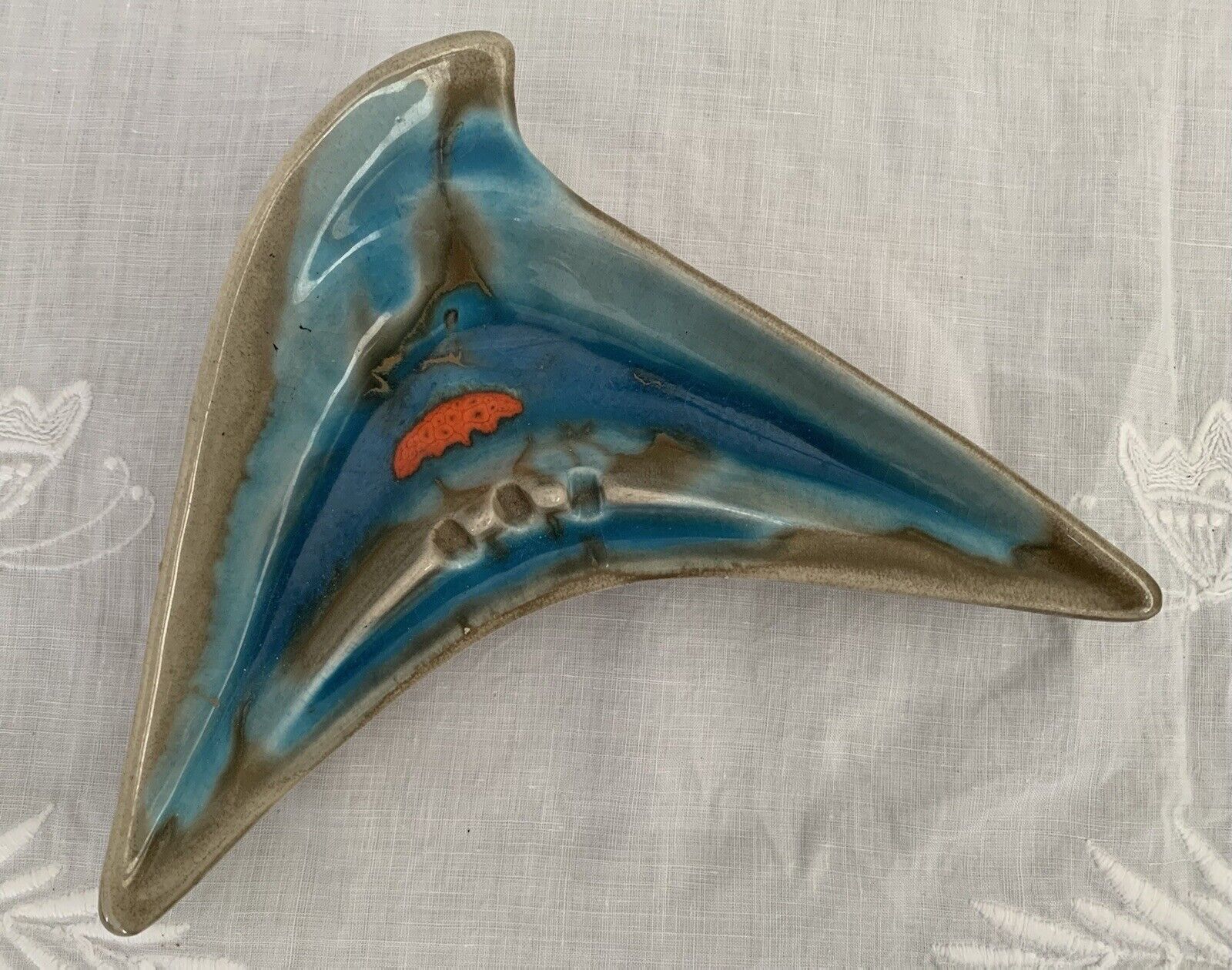Mid-Century Modern USA Teal Boomerang Ceramic Ashtray 