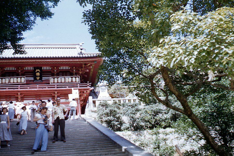 35mm Slide 1950s Red Border Kodachrome Crowd Outside Japanese Temple