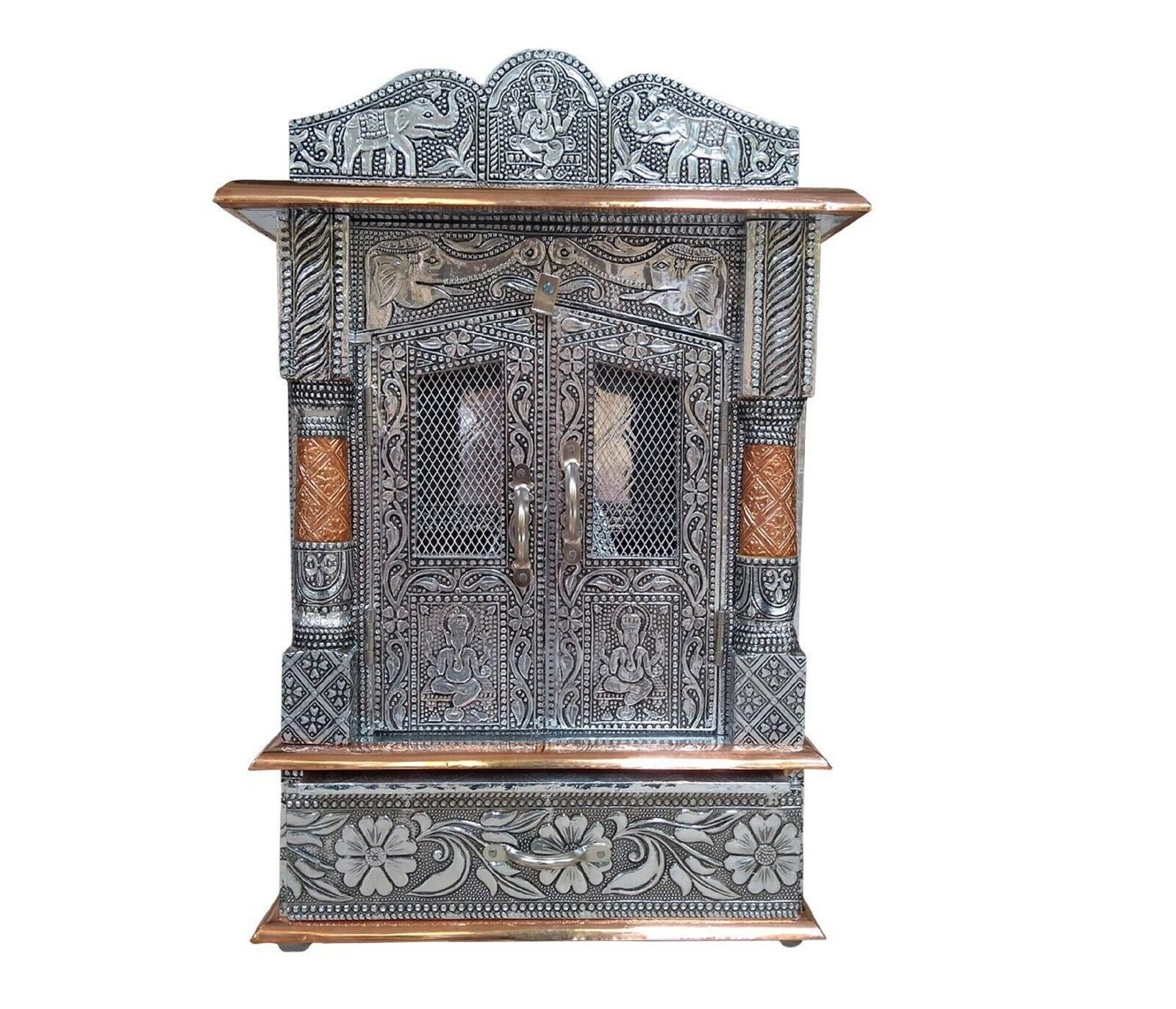 Wooden Mandir with Aluminum Sheet Finish Oxidized Home Temple Wooden Pooja Ghar