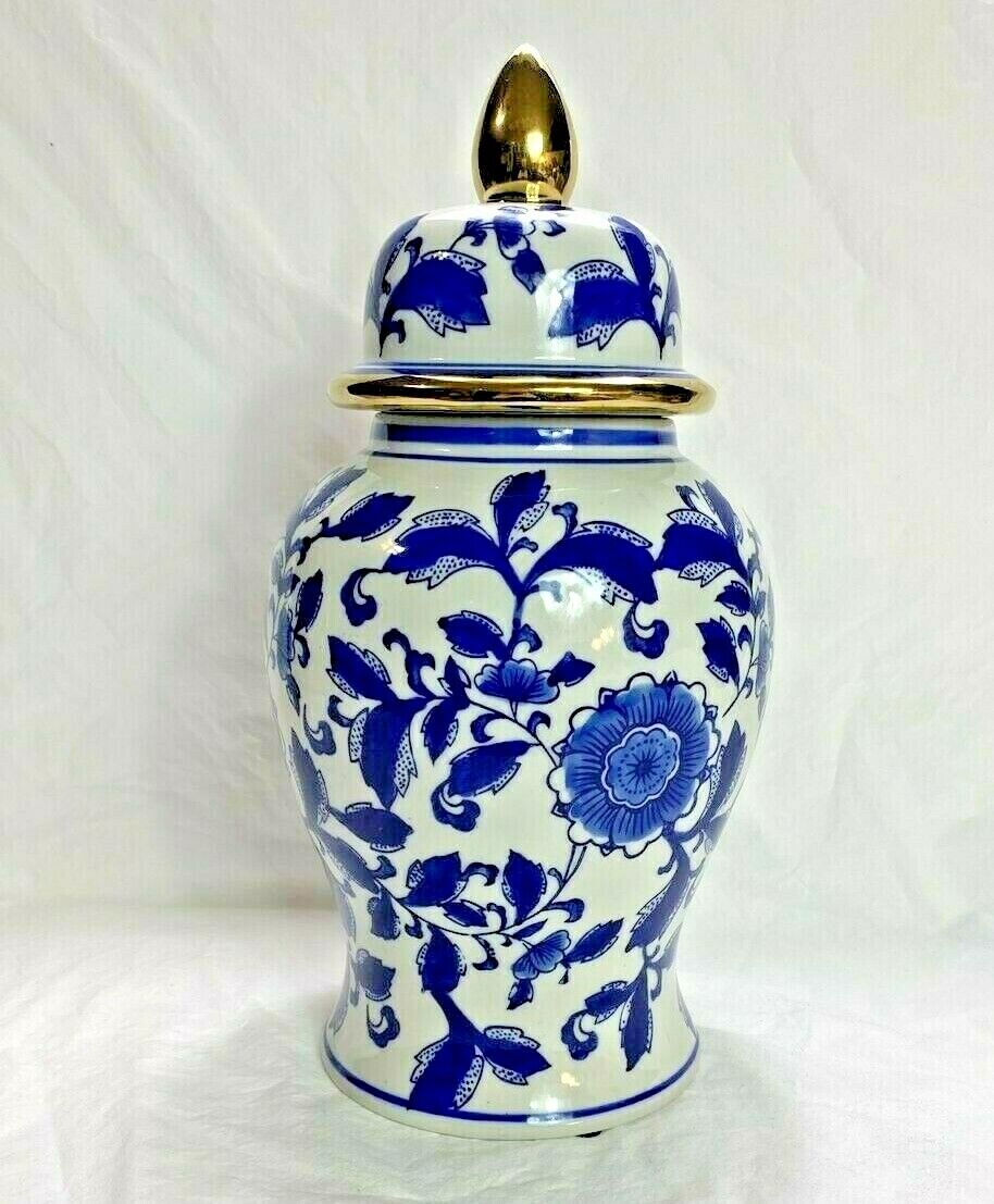 Sagebrook Home Chinese Temple Jar Blue White Gold w/ Lid 15 x 8 inches