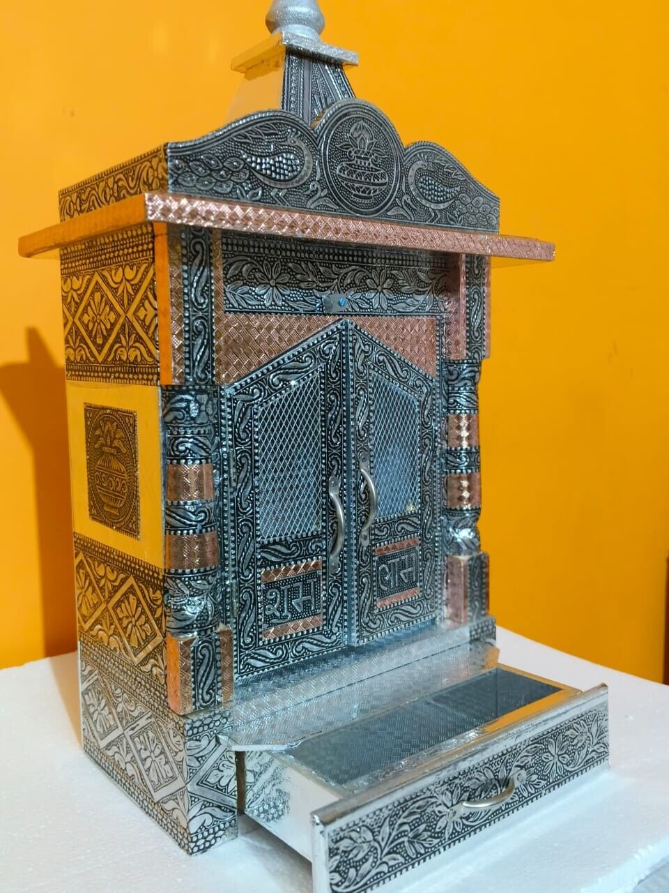 Hindu Puja mandir, Wooden Mandir with Aluminium & Copper Oxidized Home Temple,