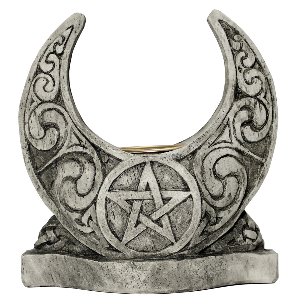Celtic Knot Moon Pentacle Taper Candle Holder Dryad Design Wicca - Stone Finish