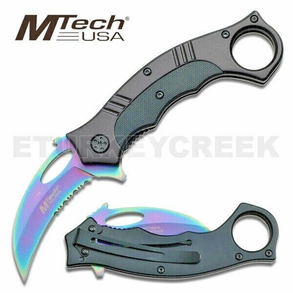 MTECH USA MT-305RB Tactical Folding Krambit  Titanium Rainbow Anodized Slasher 