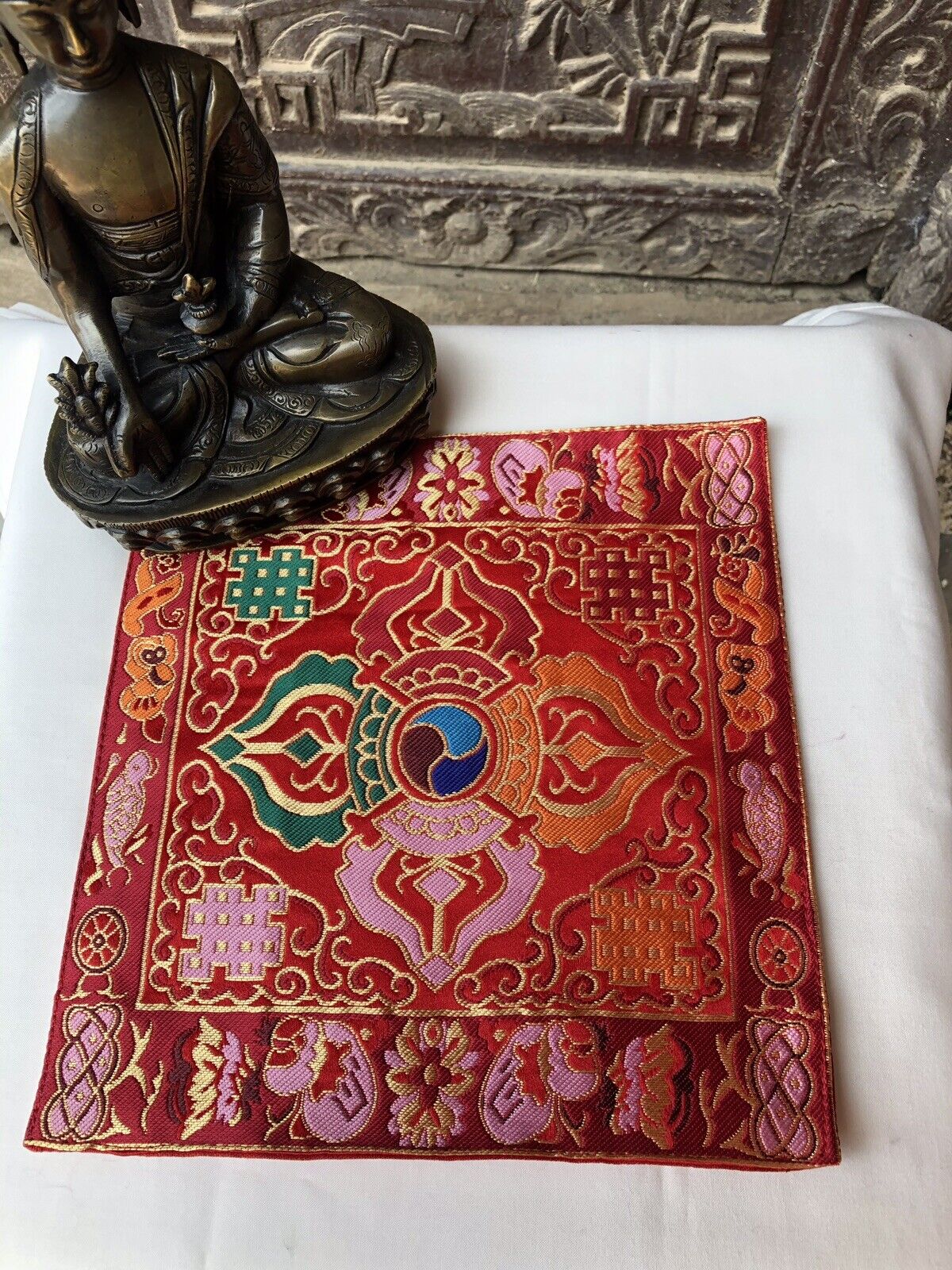 Tibetan double Red dorje silk brocade table cover/altar cloth/shrine placemat